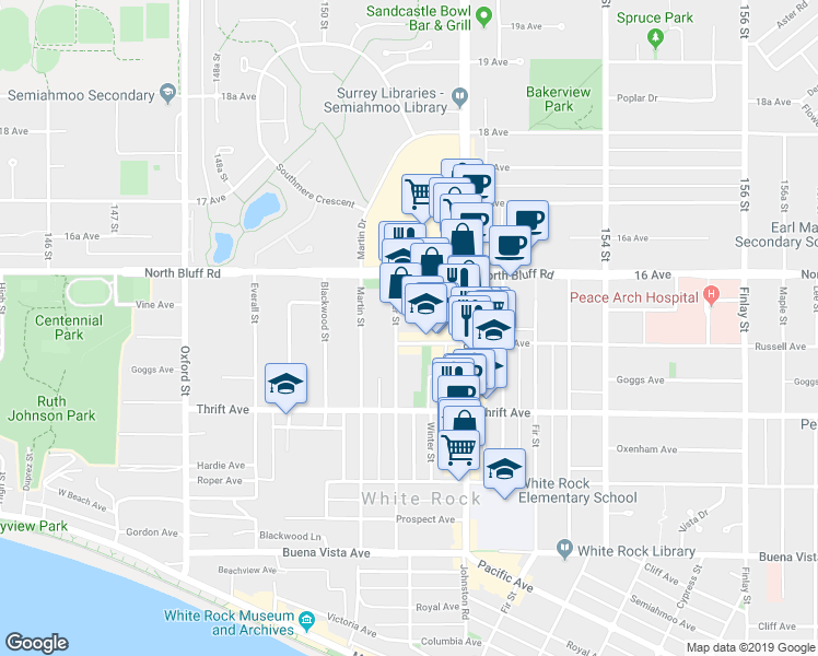 map of restaurants, bars, coffee shops, grocery stores, and more near in White Rock