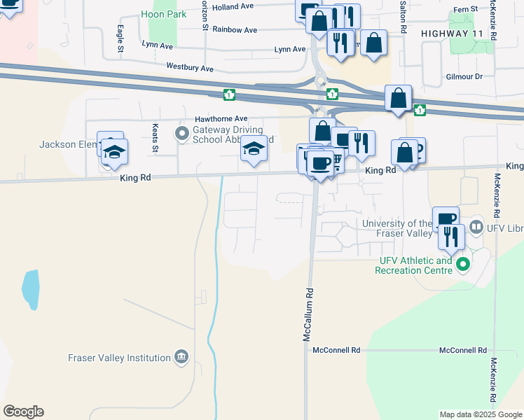 map of restaurants, bars, coffee shops, grocery stores, and more near 1514 Kipling Street in Abbotsford