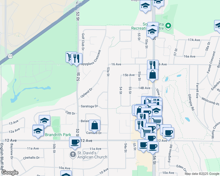 map of restaurants, bars, coffee shops, grocery stores, and more near 1474 53A Street in Delta