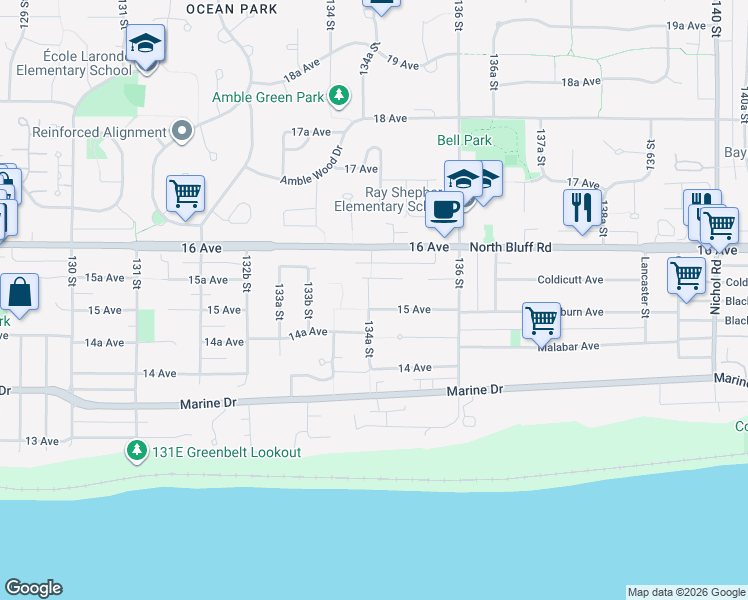 map of restaurants, bars, coffee shops, grocery stores, and more near 1510 134A Street in Surrey