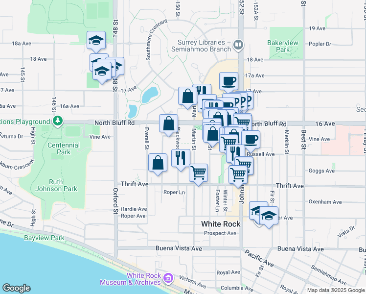 map of restaurants, bars, coffee shops, grocery stores, and more near 1520 Blackwood Street in White Rock