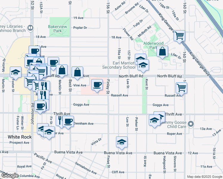 map of restaurants, bars, coffee shops, grocery stores, and more near in White Rock