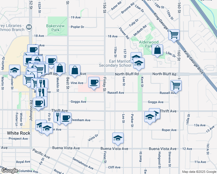 map of restaurants, bars, coffee shops, grocery stores, and more near in White Rock