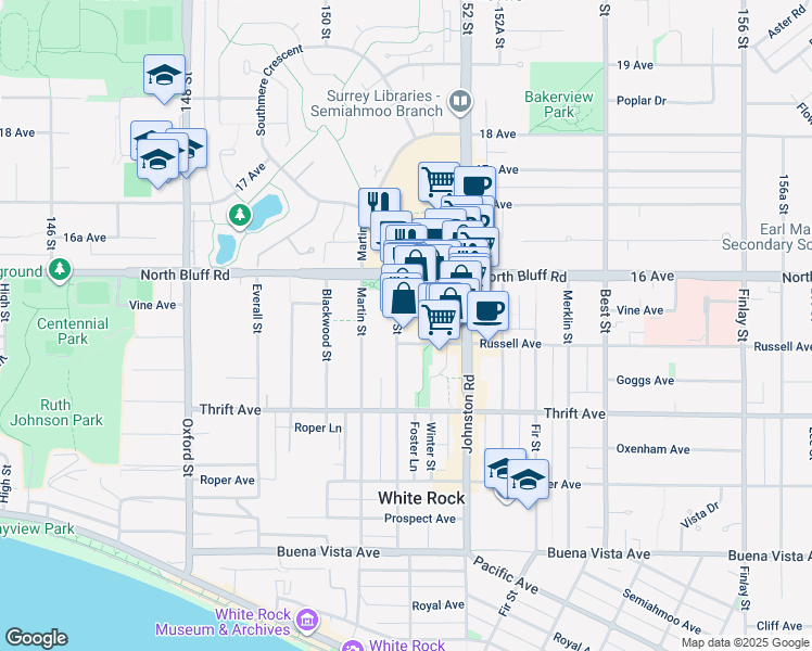 map of restaurants, bars, coffee shops, grocery stores, and more near in White Rock