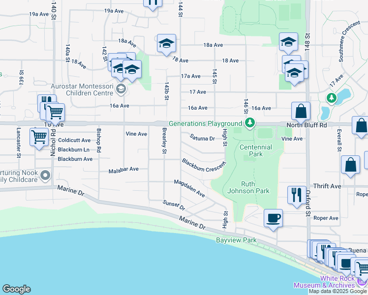 map of restaurants, bars, coffee shops, grocery stores, and more near 14424 Mann Park Crescent in White Rock