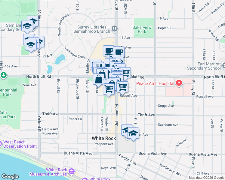 map of restaurants, bars, coffee shops, grocery stores, and more near 1531 Johnston Road in White Rock
