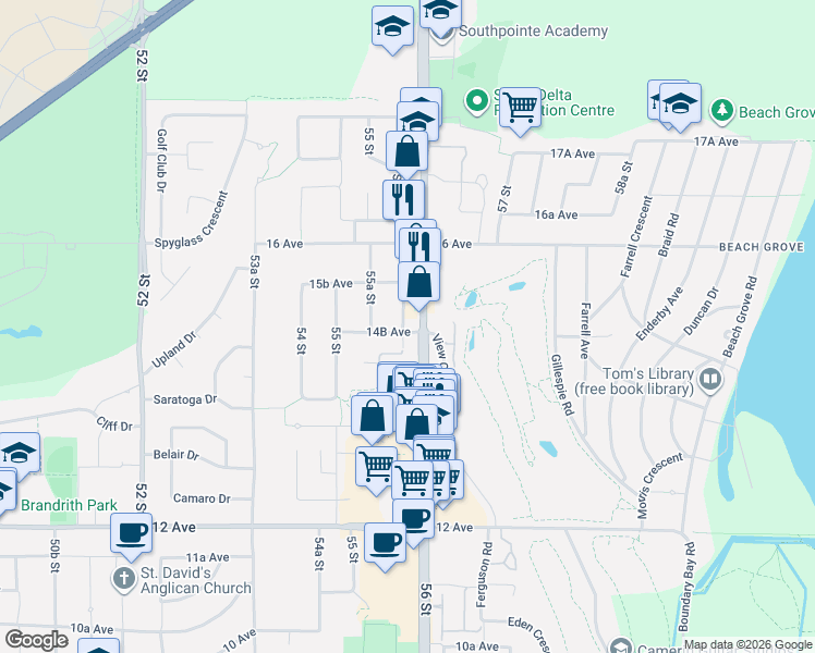map of restaurants, bars, coffee shops, grocery stores, and more near 5599 14B Avenue in Delta