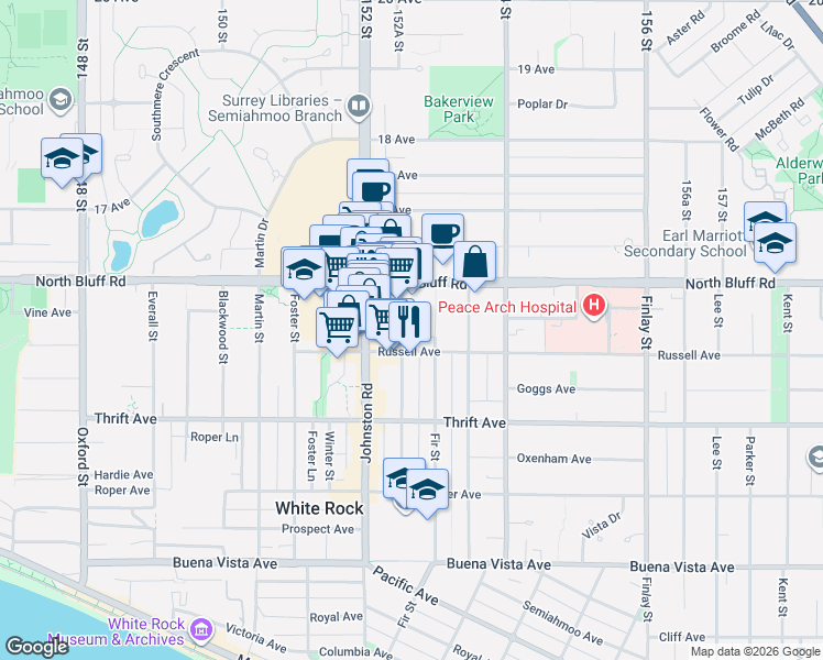 map of restaurants, bars, coffee shops, grocery stores, and more near 1526 George Street in White Rock