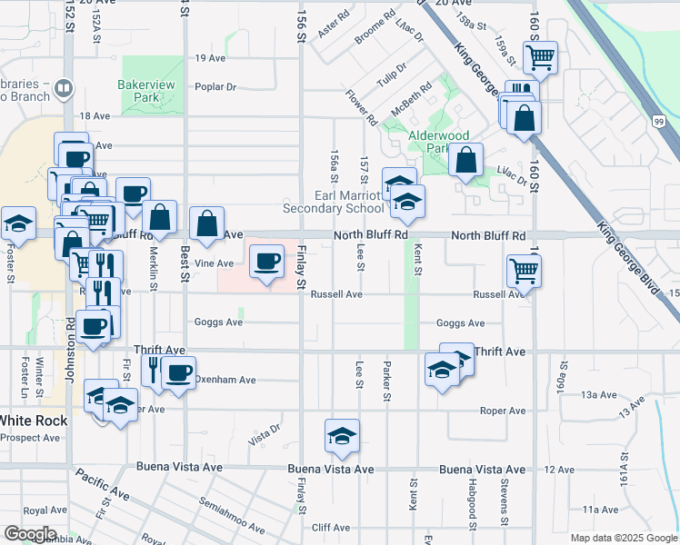 map of restaurants, bars, coffee shops, grocery stores, and more near 1540 Maple Street in White Rock