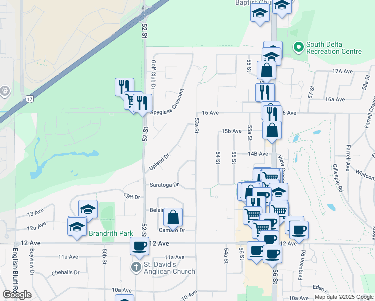 map of restaurants, bars, coffee shops, grocery stores, and more near 5330 Upland Drive in Delta