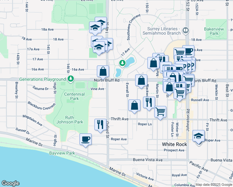 map of restaurants, bars, coffee shops, grocery stores, and more near 1550 Oxford Street in White Rock