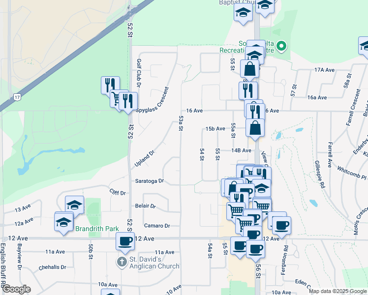 map of restaurants, bars, coffee shops, grocery stores, and more near 1484 53A Street in Delta