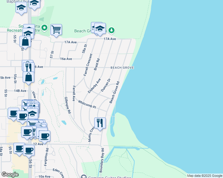 map of restaurants, bars, coffee shops, grocery stores, and more near 1479 Grove Place in Delta