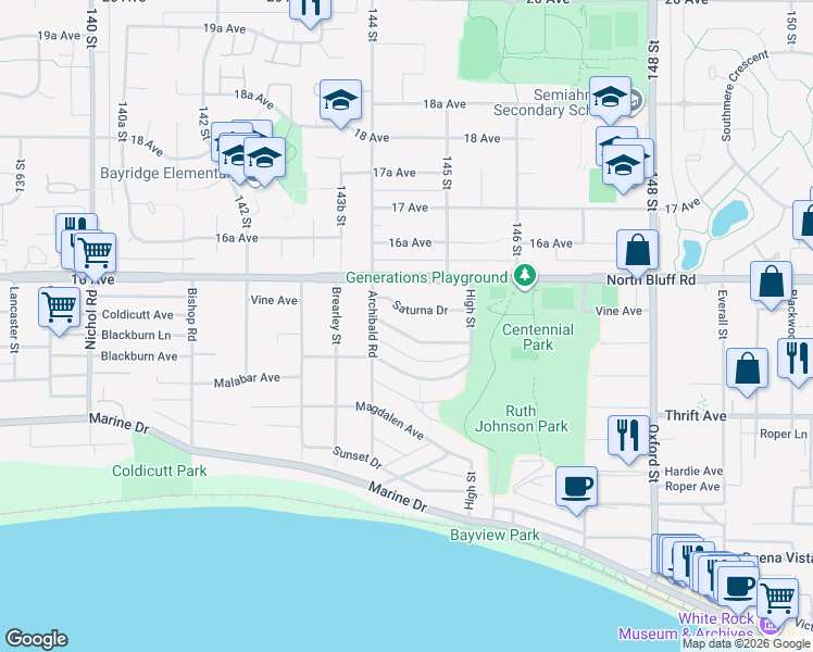 map of restaurants, bars, coffee shops, grocery stores, and more near 14451 Mann Park Crescent in White Rock
