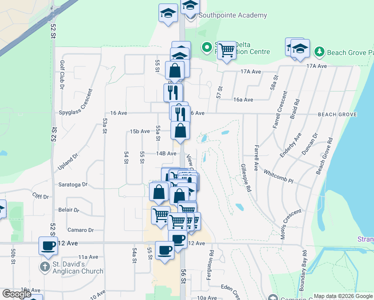 map of restaurants, bars, coffee shops, grocery stores, and more near 1486 View Crescent in Delta