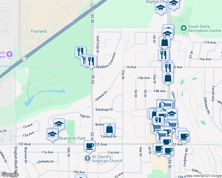 map of restaurants, bars, coffee shops, grocery stores, and more near 5290 Upland Drive in Delta
