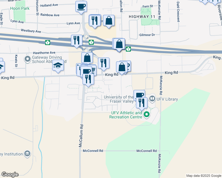 map of restaurants, bars, coffee shops, grocery stores, and more near 33718 King Road in Abbotsford