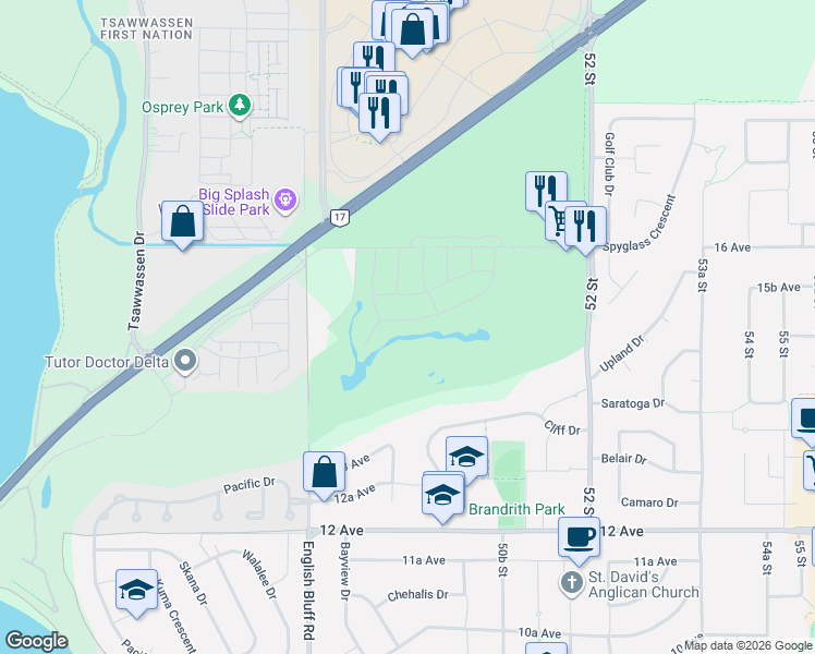 map of restaurants, bars, coffee shops, grocery stores, and more near 4988 Cedar Springs Drive in Delta