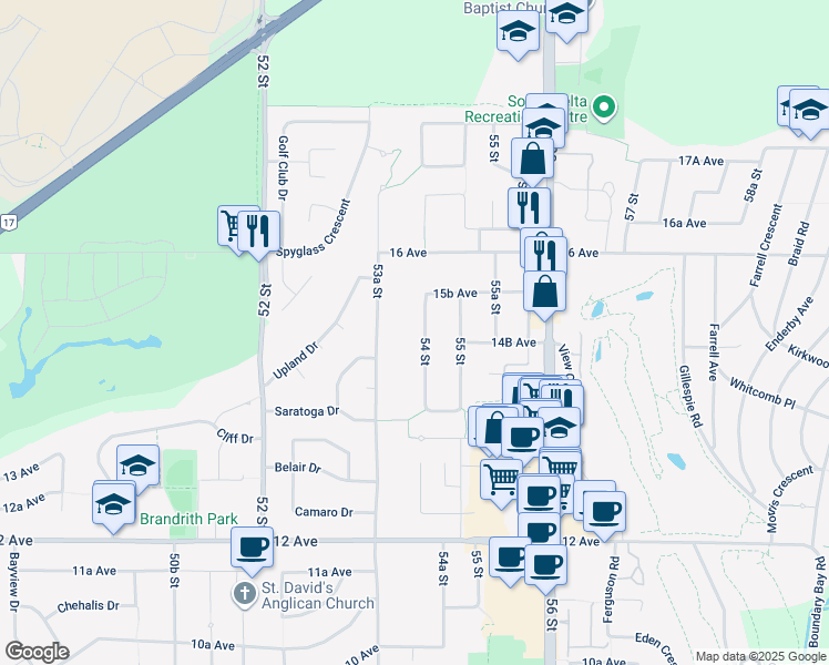 map of restaurants, bars, coffee shops, grocery stores, and more near 1493 54 Street in Delta