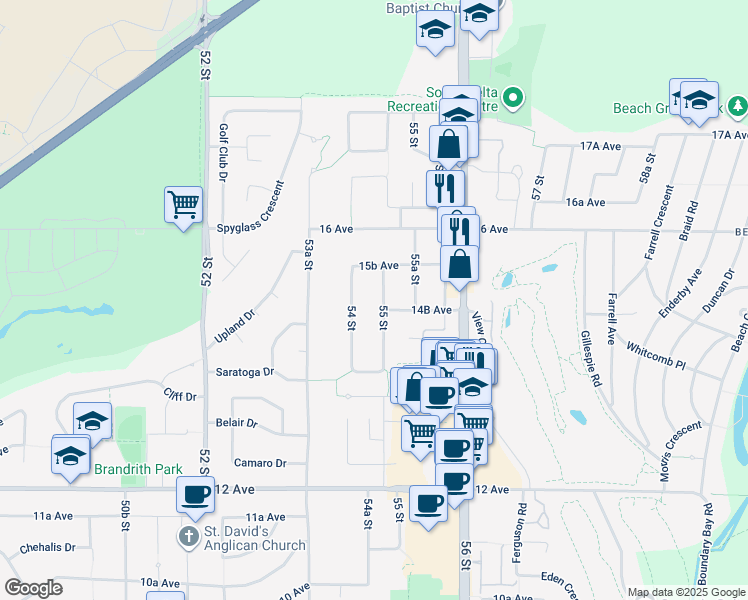 map of restaurants, bars, coffee shops, grocery stores, and more near 1493 55 Street in Delta
