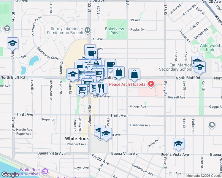 map of restaurants, bars, coffee shops, grocery stores, and more near 1544 Fir Street in White Rock