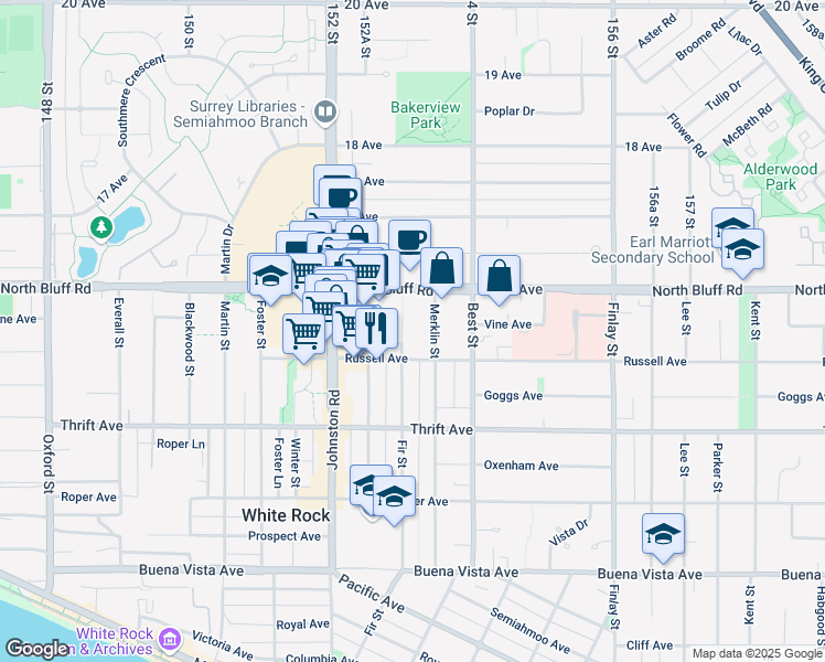 map of restaurants, bars, coffee shops, grocery stores, and more near 1544 Fir Street in White Rock