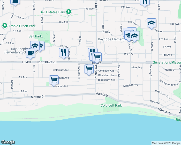 map of restaurants, bars, coffee shops, grocery stores, and more near 13960 Coldicutt Avenue in White Rock