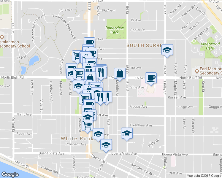 map of restaurants, bars, coffee shops, grocery stores, and more near 1544 Fir Street in White Rock