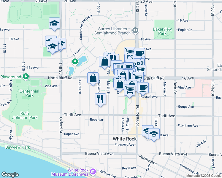 map of restaurants, bars, coffee shops, grocery stores, and more near 1550 Martin Street in White Rock