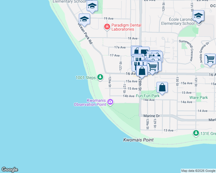 map of restaurants, bars, coffee shops, grocery stores, and more near 1515 126A Street in Surrey