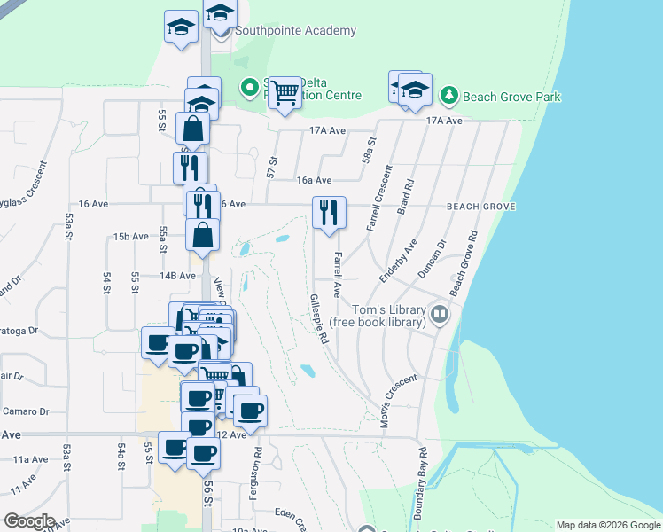 map of restaurants, bars, coffee shops, grocery stores, and more near 1491 Farrell Avenue in Delta