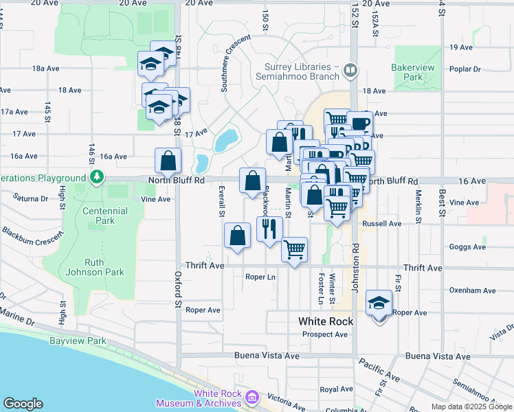 map of restaurants, bars, coffee shops, grocery stores, and more near 14980 Vine Avenue in White Rock