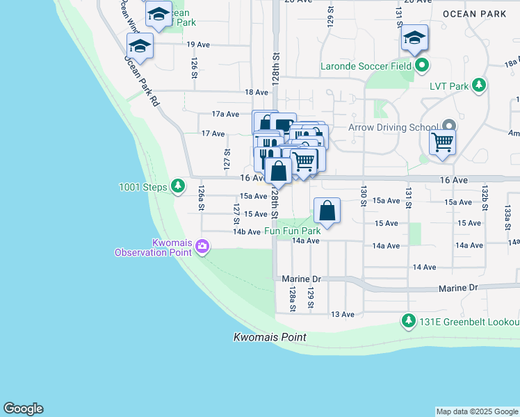 map of restaurants, bars, coffee shops, grocery stores, and more near 12765 15 Avenue in Surrey