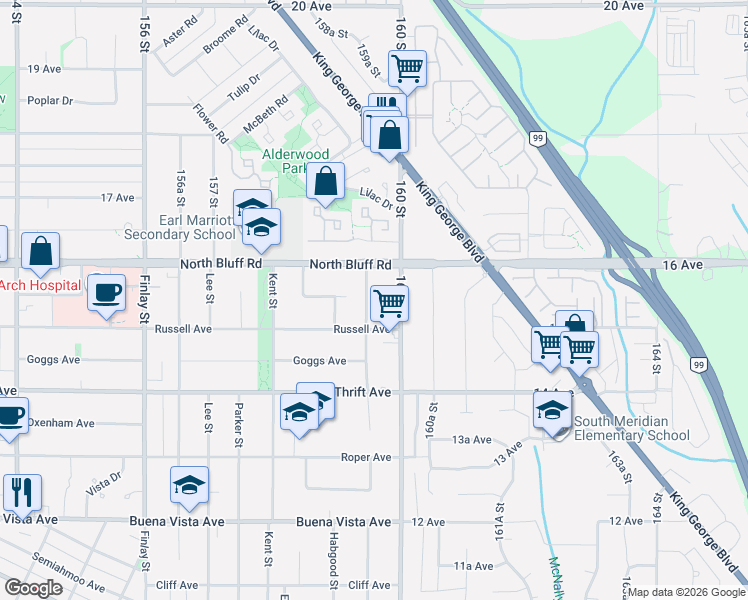 map of restaurants, bars, coffee shops, grocery stores, and more near 1554 Stevens Street in White Rock