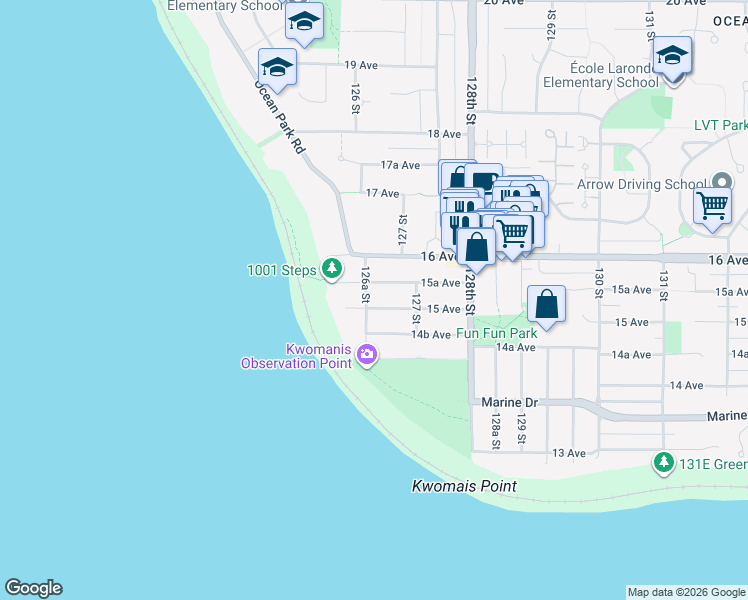map of restaurants, bars, coffee shops, grocery stores, and more near 12641 15 Avenue in Surrey