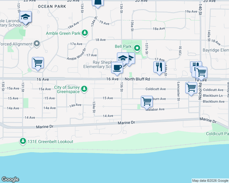 map of restaurants, bars, coffee shops, grocery stores, and more near 13560 15A Avenue in Surrey