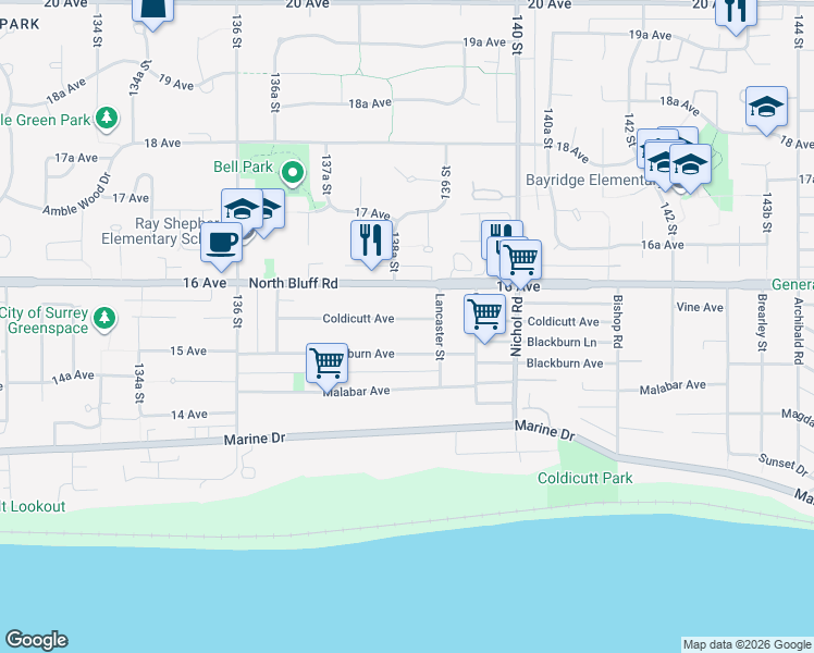 map of restaurants, bars, coffee shops, grocery stores, and more near 13852 Coldicutt Avenue in White Rock