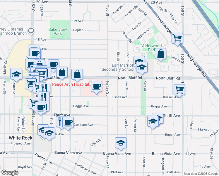 map of restaurants, bars, coffee shops, grocery stores, and more near 1526 Finlay Street in White Rock