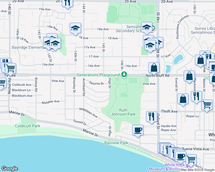 map of restaurants, bars, coffee shops, grocery stores, and more near 14528 Saturna Drive in White Rock
