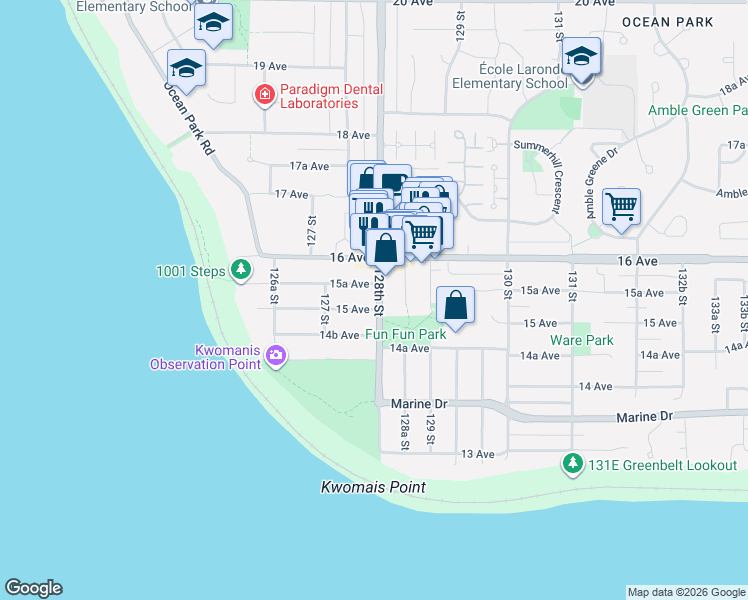 map of restaurants, bars, coffee shops, grocery stores, and more near 1535 128th Street in Surrey