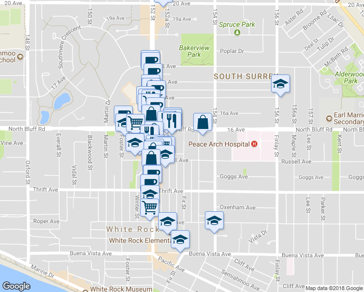 map of restaurants, bars, coffee shops, grocery stores, and more near 1555 Fir Street in White Rock