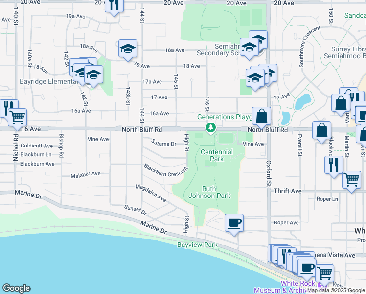 map of restaurants, bars, coffee shops, grocery stores, and more near 14528 Saturna Drive in White Rock