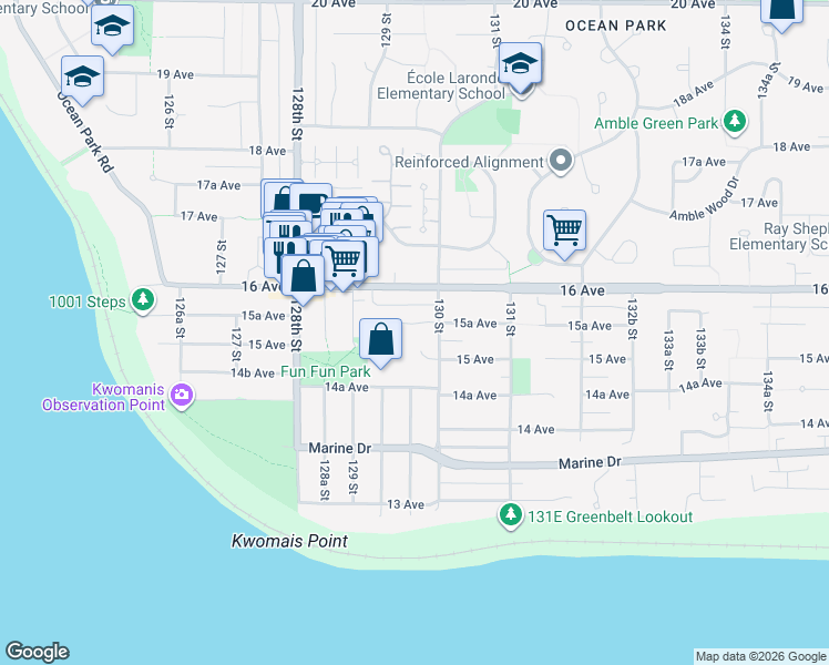 map of restaurants, bars, coffee shops, grocery stores, and more near 12978 15A Avenue in Surrey