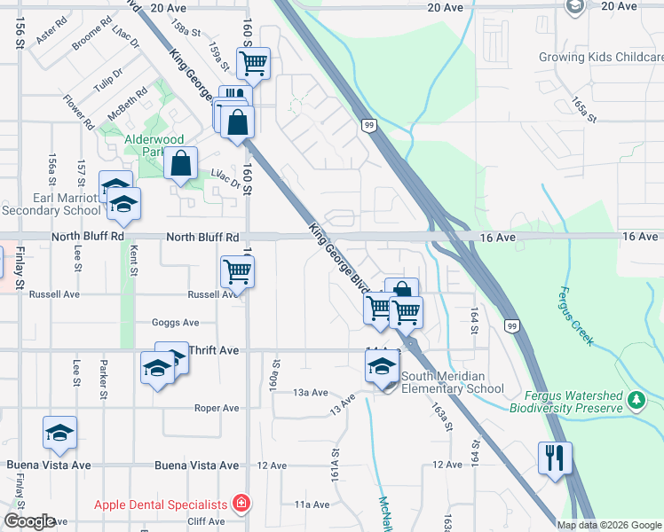 map of restaurants, bars, coffee shops, grocery stores, and more near 1551 161B Street in Surrey