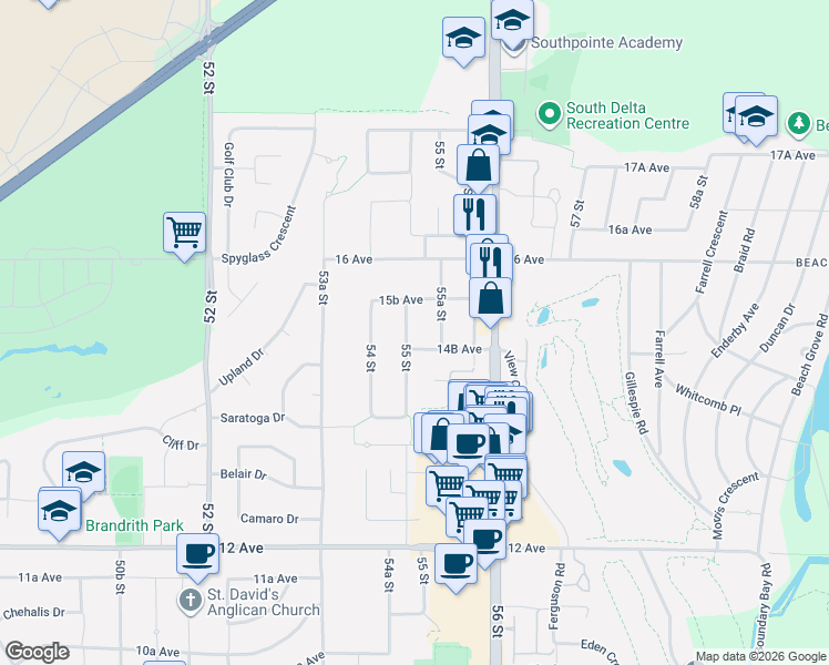 map of restaurants, bars, coffee shops, grocery stores, and more near 1500 55 Street in Delta