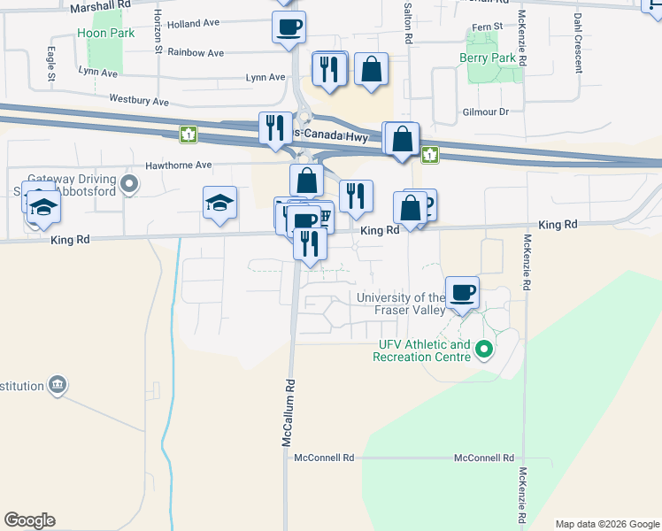 map of restaurants, bars, coffee shops, grocery stores, and more near in Abbotsford