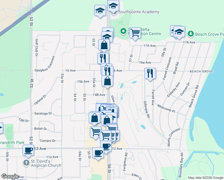 map of restaurants, bars, coffee shops, grocery stores, and more near 1504 56 Street in Delta