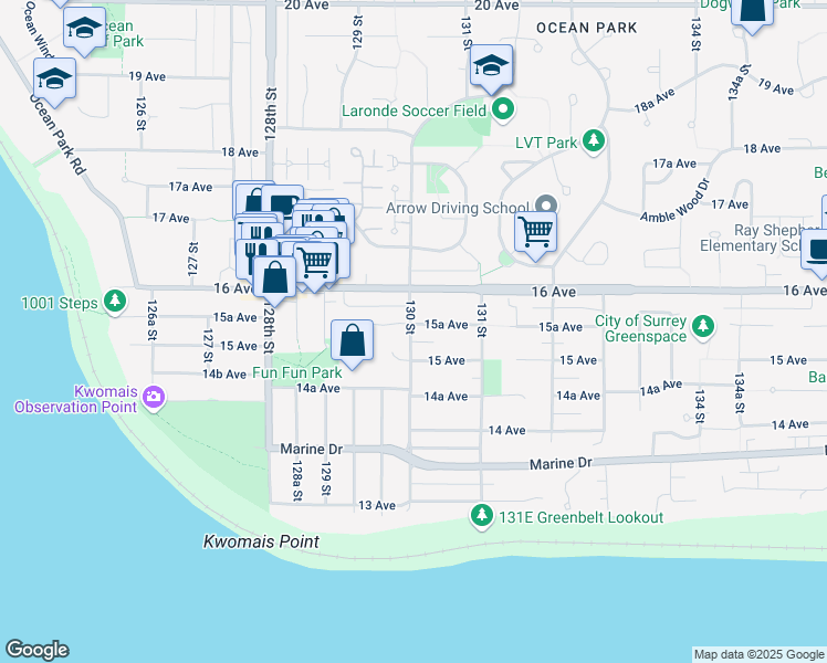 map of restaurants, bars, coffee shops, grocery stores, and more near 12918 15A Avenue in Surrey