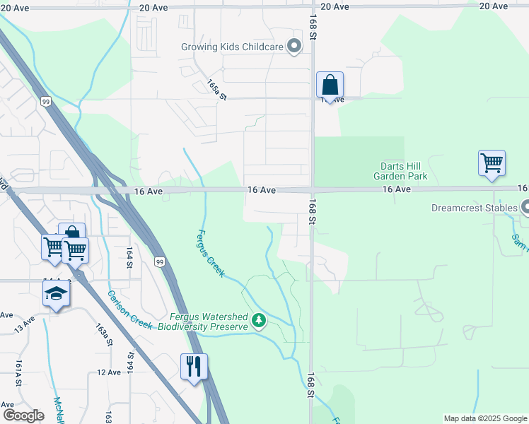 map of restaurants, bars, coffee shops, grocery stores, and more near 16707 15A Avenue in Surrey