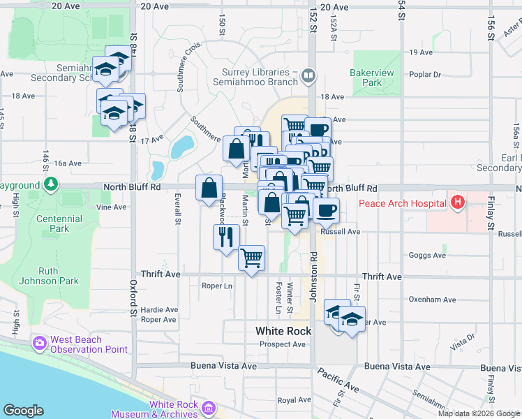 map of restaurants, bars, coffee shops, grocery stores, and more near 1551 Foster Street in White Rock